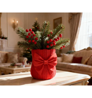 Kalėdinis vazonas su megzta tekstūra ir kaspinu