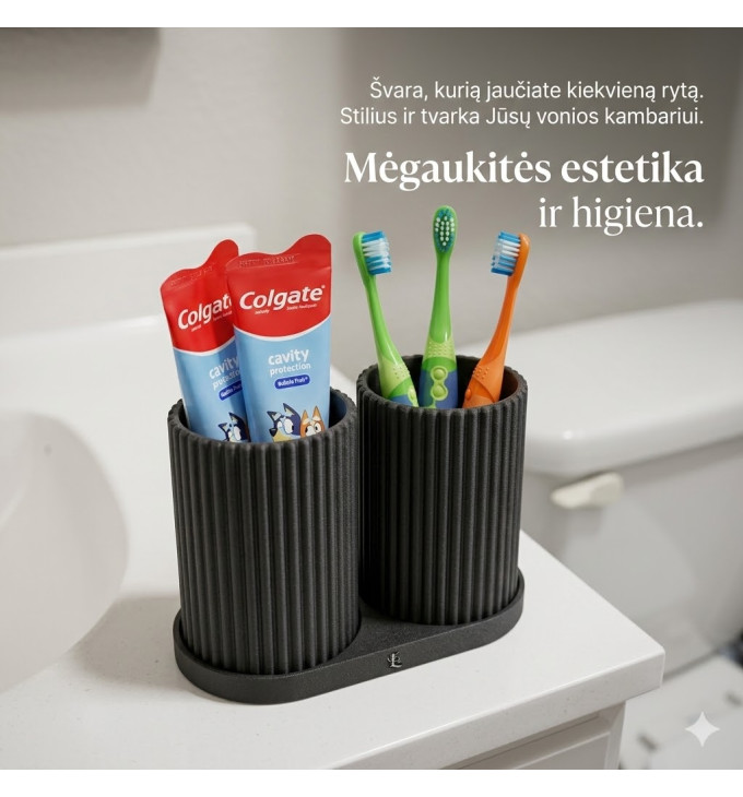 Dviguba dantų šepetėlių stiklinė su padėkliuku