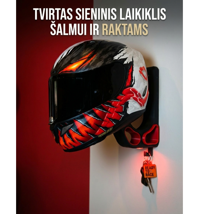 Tvirta moto šalmo kabykla su papildomu kabliu striukei ir raktams