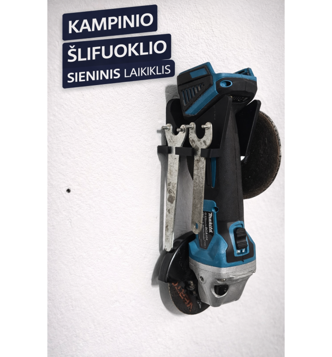 Kampinio šlifuoklio pakaba ant sienos su disko ir veržliarakčių laikikliu