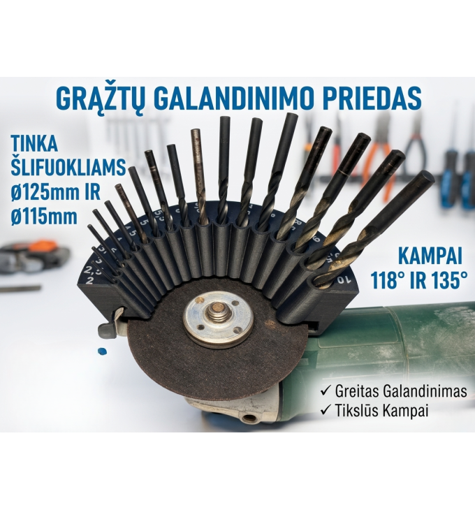 Grąžtų galandinimo priedas kampiniam šlifuokliui 115/125 mm (118°/135°)