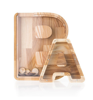 Mažesnė personalizuota medinė taupyklė Raidė