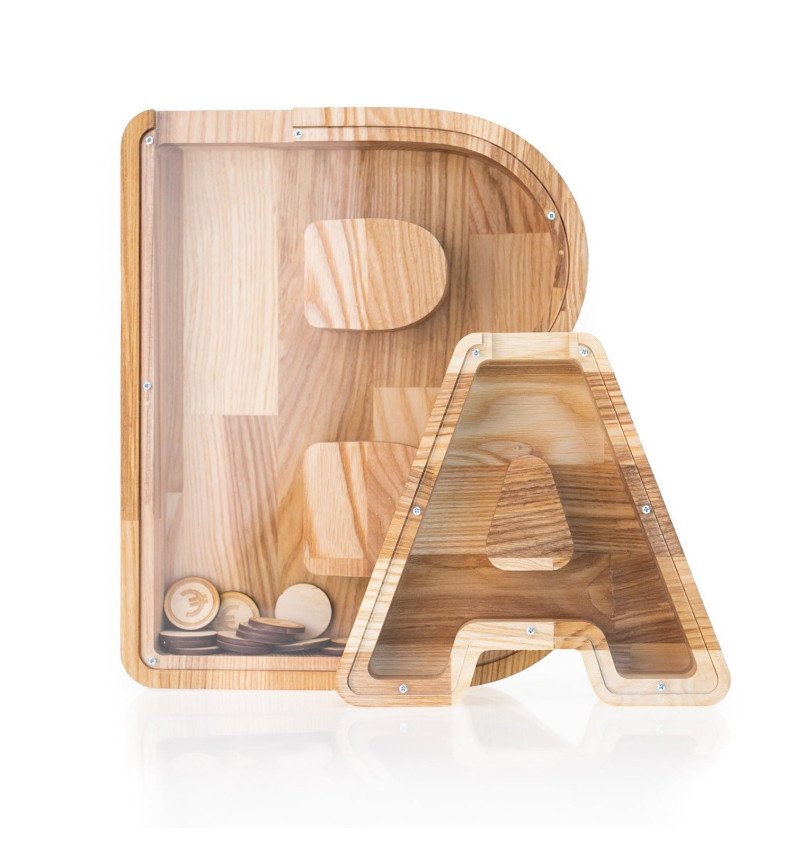 Didelė personalizuota medinė taupyklė Raidė