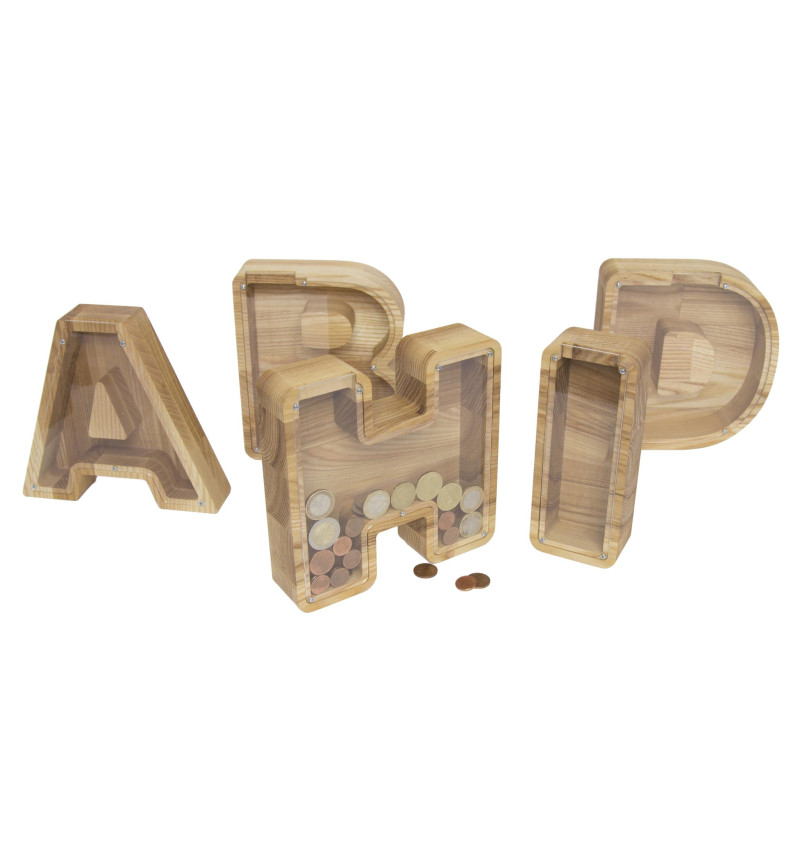 Mažesnė personalizuota medinė taupyklė Raidė