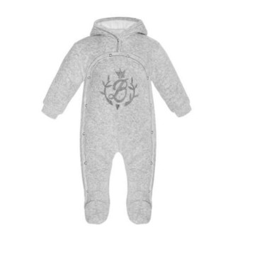 Light grey baby jumpsuit with a hood